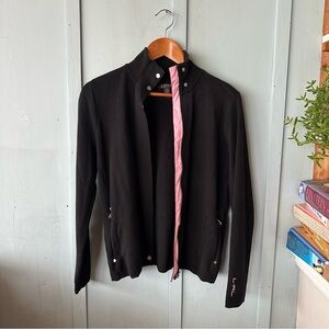Lauren Ralph Lauren Black Bomber Sweater Jacket with Pink Trim